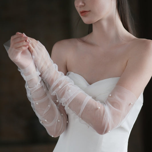 Elegant white long pearl bridal gloves for weddings1