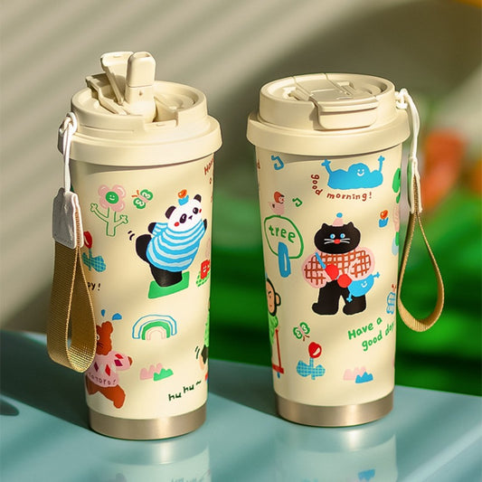 Embrace Spring Ceramic Liner Thermos Cup with Hand Strap Stainless Steel Portable Handle Coffee Cup
