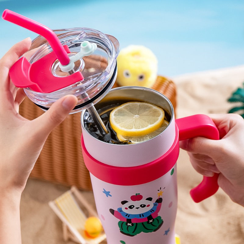 Lele Island Party Panda Thermos Cup Large Capacity Stainless Steel Straw Cup
